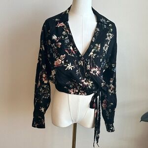 Anthro Pilcro Cropped Linen Blend Waist Tie Blouse Boho Floral Dark Romantic S